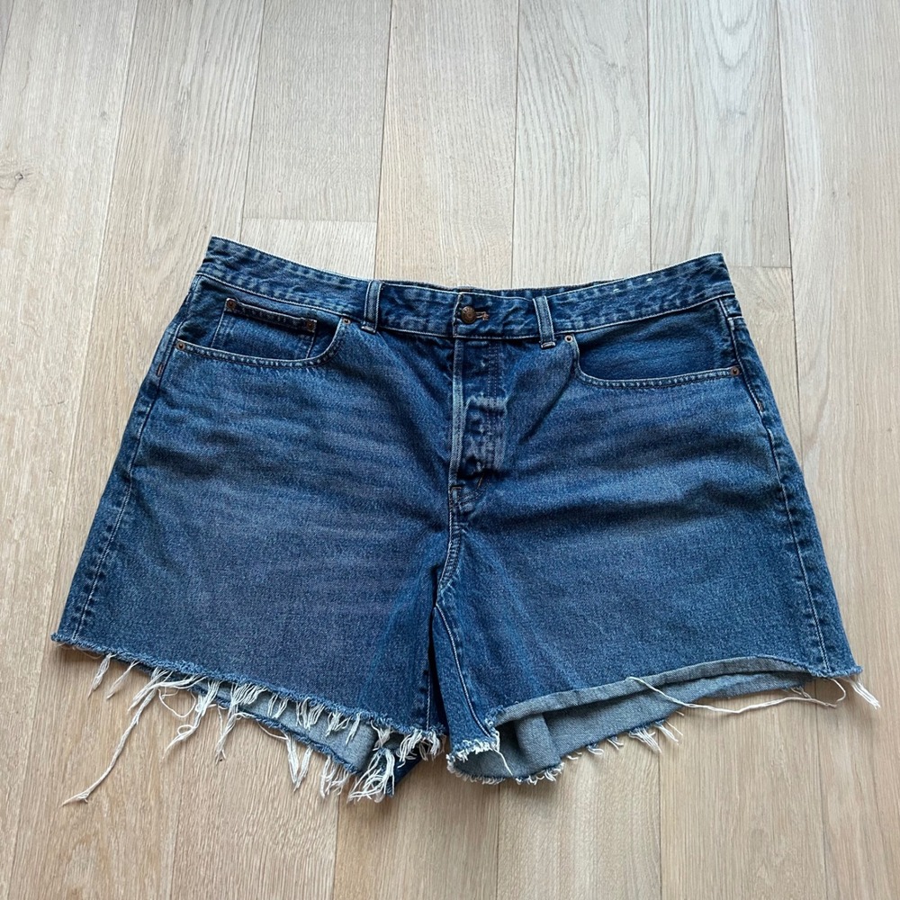Madewell Brynn Long Short 16W‎ Blue Denim Button Fly Raw Hem High Rise Western